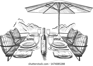 Vector illustration of hand drawn dinner table in the outdoor cafe with set of dishes and wine under umbrella.