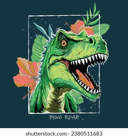 Vector illustration of a hand drawn dinosaur face and tropical flowers elements.