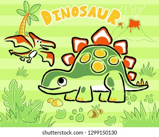 Vector illustration of hand drawn dinosaurs cartoon in forest