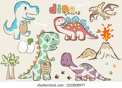 Vector illustration of hand drawn dinosaurs cartoon, prehistoric elements