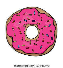 Vector illustration of hand drawn donut with pink glaze.