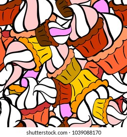 Vector illustration. Hand drawn doodle illustration with pastry. Sweets background design. Cupcakes seamless pattern with watercolor on white, black and orange background.