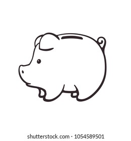 Vector illustration. Hand drawn doodle of piggy bank for cash money in side view. Cartoon sketch. Isolated on white background  