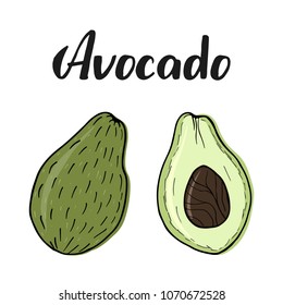 Vector illustration of hand drawn doodle sliced avocado set. Avocado logo lettering. Sketched design for logo, vegan menu, package, banners, cards. EPS 10.