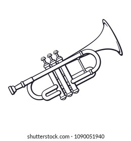 Vector illustration. Hand drawn doodle of classical music wind instrument trumpet. Rock or jazz equipment. Cartoon sketch. Isolated on white background  