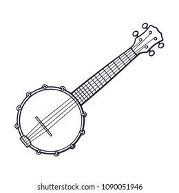 Vector illustration. Hand drawn doodle of classical country music banjo. String plucked musical instrument. Country music, blues, folk or jazz equipment. Cartoon sketch. Isolated on white background  