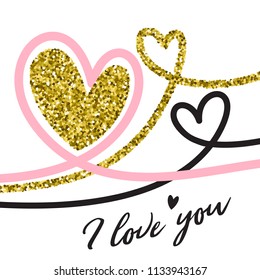 Vector illustration, hand drawn doodle hearts with golden glitter shiny texture. Valentine's day card. I love you text.