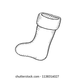 Vector illustration. Hand drawn doodle of Christmas sock for gifts. Cartoon sketch. Isolated on white background