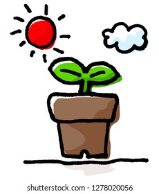 Vector illustration of a Hand drawn doodle. Sprout in ceramic pot. sun and clouds.