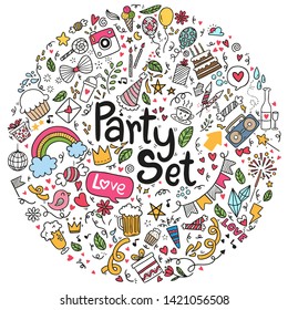 Vector illustration hand drawn doodle style doodle Happy birthday ementevent party set