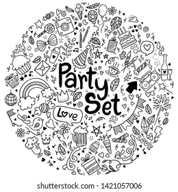 Vector illustration hand drawn doodle style doodle Happy birthday ementevent party set