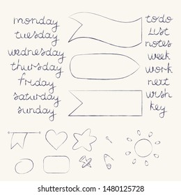 Vector illustration with hand drawn doodle elements: frames, tapes, pins and weekday names, isolated on white background. Set for notebook, diary, planner or Bullet journal.