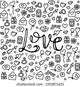 Vector illustration. hand drawn doodle to Valentines Day. Hearts, wings, messages, letters and flowers are around lettering Love. Doodle is on white background