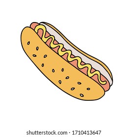 Vector illustration. Hand drawn doodle of hot dog with mustard. Unhealthy food. Cartoon sketch. Decoration for menus, signboards, showcases, greeting cards, posters, wallpapers. 