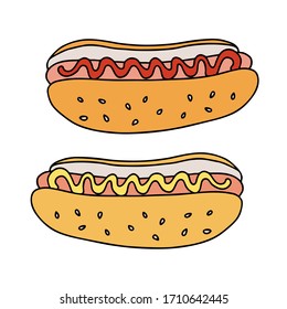  Ilustración vectorial. Doodle dibujado a mano de perro caliente con mostaza. Alimentos poco saludables. Dibujo de caricaturas. Decoración para menús, carteles, escaparates, tarjetas de felicitación, carteles y papeles pintados. 