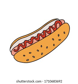 Vector illustration. Hand drawn doodle of hot dog with mustard. Unhealthy food. Cartoon sketch. Decoration for menus, signboards, showcases, greeting cards, posters, wallpapers. 