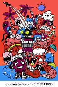 Vector illustration with hand drawn doodle cute Monster and summer elements