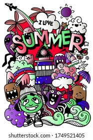Vector illustration with hand drawn doodle cute Monster and summer elements