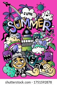 Vektorgrafik mit handgezeichnet doodle cute Monster und Sommerelementen