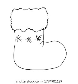Ilustración vectorial. Doodle dibujado a mano de calcetín de Navidad para regalos. Esbozo de caricatura. Aislado sobre fondo blanco. Bota de navidad dibujada a mano aislada en un fondo blanco.