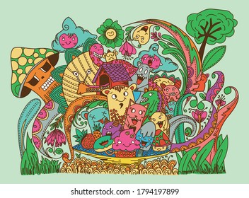 Vector illustration with hand drawn doodle cute Monster and nature elements