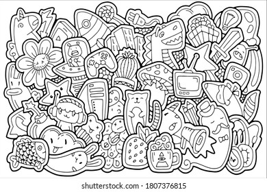 Vector illustration. Hand drawn doodle. Computer games and cartoon characters. Coloring page. Illustration for a children's book.