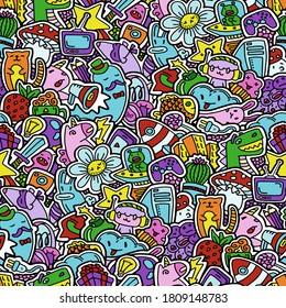 Ilustración vectorial. Doodle dibujado a mano. Patrón sin foco. Juegos de computadora y personajes de caricatura. Ilustración de un libro infantil.