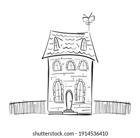 Vector illustration: Hand drawn doodle house on white background. Sketch line design.