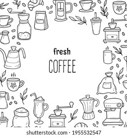 Vector illustration of hand drawn doodle style appliances and ingredients around Fresh Coffee text. Template for coffee shop, cafe, restaurant banner, background, frame.