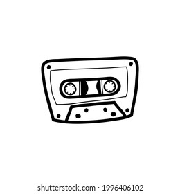 Ilustración vectorial. Doodle dibujado a mano del cassette de audio Retro. Medios analógicos para grabar y escuchar música estéreo. Cinta antigua. Esbozo de caricatura. Aislado sobre fondo blanco