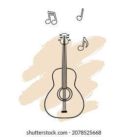 Vector illustration. Hand drawn doodle of classical guitar. String plucked musical instrument. Small acoustic guitar or ukulele. Blues or rock equipment. Cartoon sketch. Isolated on white background