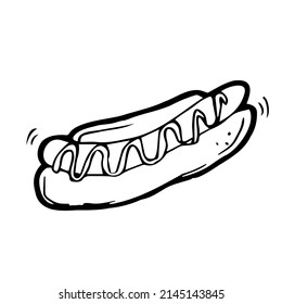 Vector illustration. Hand drawn doodle of hot dog with mustard. Unhealthy food. Cartoon sketch. Decoration for menus, signboards, showcases, greeting cards, posters, wallpapers