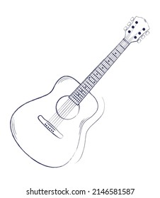 Vector illustration. Hand drawn doodle of classical guitar. String plucked musical instrument. Blues or rock equipment. Cartoon sketch. Isolated on white background