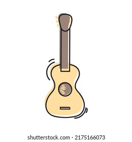 Vector illustration. Hand drawn doodle of classical guitar. String plucked musical instrument. Small acoustic guitar or ukulele. Blues or rock equipment. Cartoon sketch. Isolated on white background