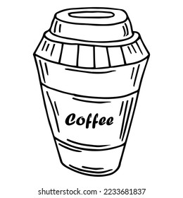 Vector illustration. Hand drawn doodle of disposable paper cup with coffee or tea. Cartoon sketch. Decoration for menus, signboards, showcases, greeting cards, posters, wallpapers