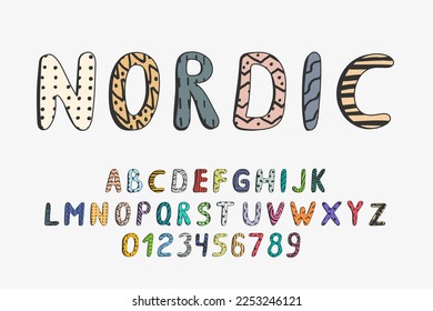 Vector illustration. Hand drawn doodle 3d outline font. Fun simple alphabet. Scandinavian style. Hand drawn line pattern. Design for posters, magazines, printings, web banners, flyer,