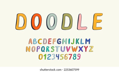 Vector illustration. Hand drawn doodle 3d outline font. Fun simple alphabet. Colorful letters. Cartoon doodle style. Design for posters, magazines, printings, web banners, flyers, book cover, brochure