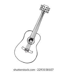 Vector illustration. Hand drawn doodle of classical guitar. String plucked musical instrument. Small acoustic. Blues or rock equipment. Cartoon sketch