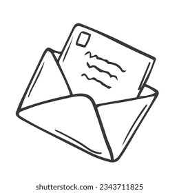 Vector illustration. Hand drawn doodle of opened envelope. Incoming message has been read. Cartoon sketch. Decoration for greeting cards, posters, emblems