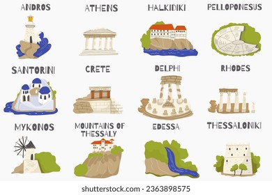 Vector illustration of hand drawn doodle style landmarks, landmarks and symbols of Greece. Tourism, travel.