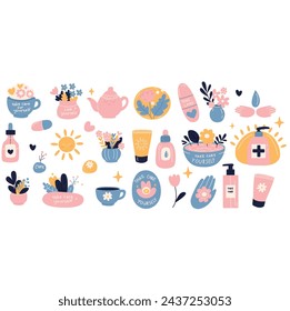 Ilustración vectorial de productos de belleza dibujados a mano. Conjunto de iconos.

