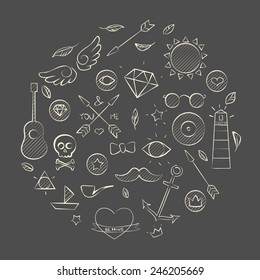 Vector illustration of hand drawn doodle hipster set over brown. Hand drawn background.