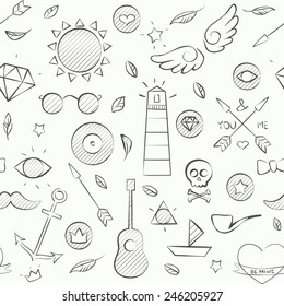 Vector illustration of hand drawn doodle hipster seamless pattern. Hand drawn background over white.