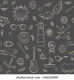 Vector illustration of hand drawn doodle hipster seamless pattern. Hand drawn background over brown.