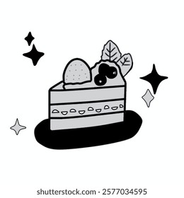Vector illustration. Hand drawn doodle of a piece of cake with cream and cherry. Cartoon sketch. Illustration hand drawn Sliced Cake ink style on white background.