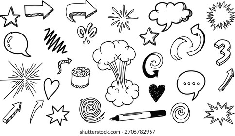 Vector Illustration of Hand Drawn Doodle Elements Set. Creative Sketch Collection with Arrows, Stars, Bubbles, Hearts.