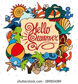 Vector illustration of a hand drawn doodle elements on the theme of summer vacation on a bright abstract background.
