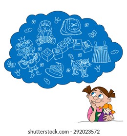 Vector illustration. Hand drawn Doodle cloud dreams of a little girl. She dreams about different things. Sketchbook.