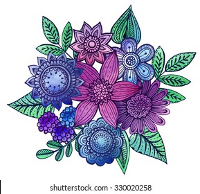 Vector illustration with hand drawn doodle fancy flowers bouquet with watercolor texture