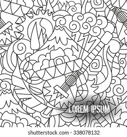 Vector illustration with hand drawn doodle elements in the Mexican style. Seamless monochrome texture.